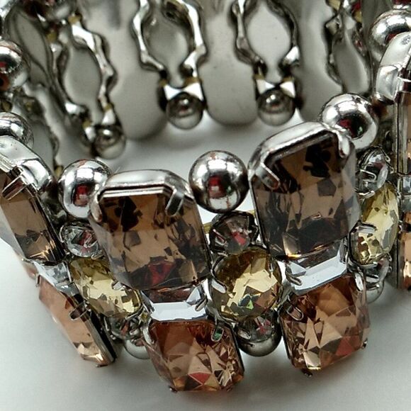 Crystal Rhinestone Stretch Bracelet Wide Amber Bronze Silver - Picture 10 of 10